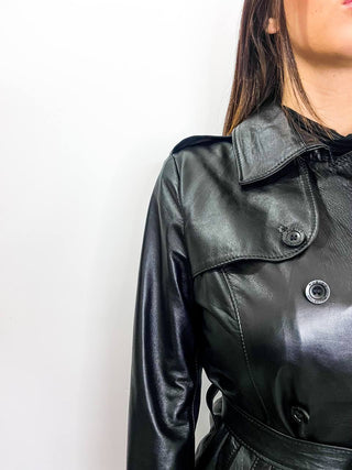 Cappotto in pelle lungo nero nappa effetto liscio