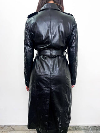 Cappotto in pelle lungo nero nappa effetto liscio