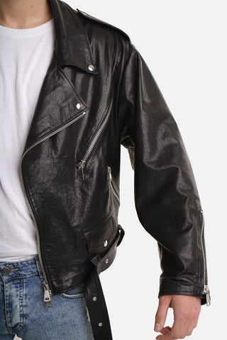 Chiodo biker in pelle nera vegetale lucida