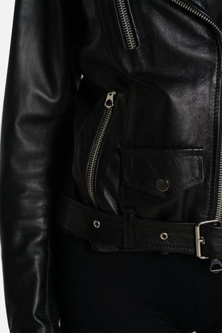 Chiodo biker in pelle nera con cintura nappa liscia