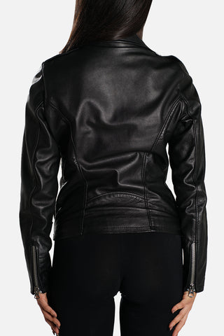 Chiodo biker in pelle nera con cintura nappa liscia