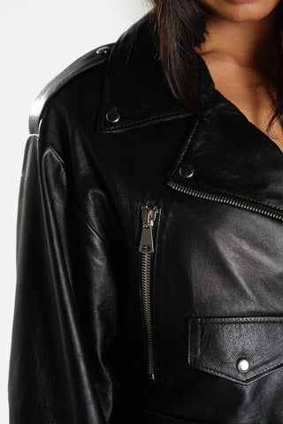 Chiodo biker over short in pelle nero