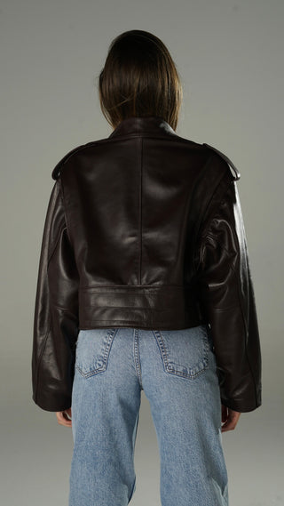 Chiodo biker over short in pelle Bordeaux