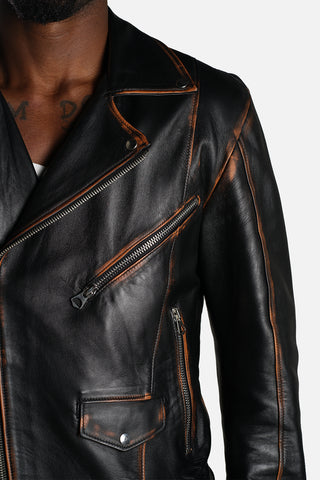 Chiodo biker in pelle nera effetto vintage