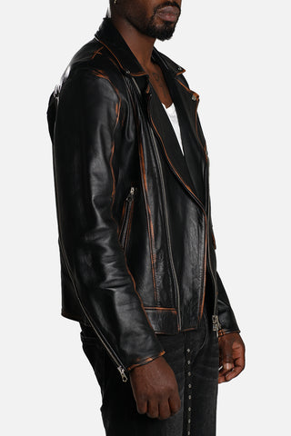 Chiodo biker in pelle nera effetto vintage