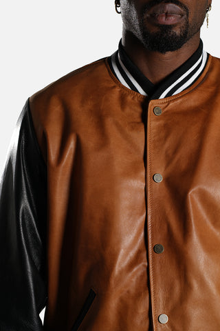 Giubbotto Bomber in pelle cognac/nero nappa
