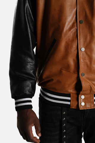 Giubbotto Bomber in pelle cognac/nero nappa