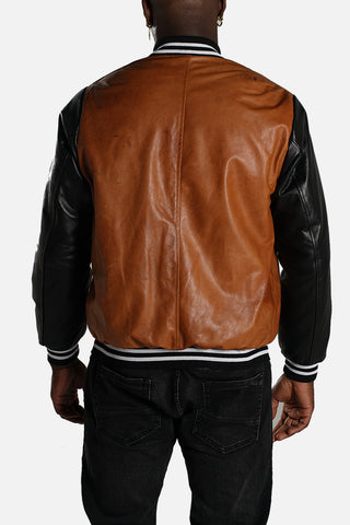 Giubbotto Bomber in pelle cognac/nero nappa