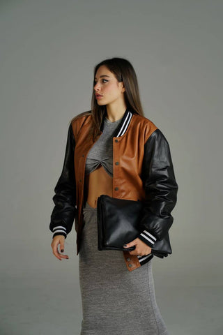 Giubbotto Bomber in pelle cognac/nero nappa